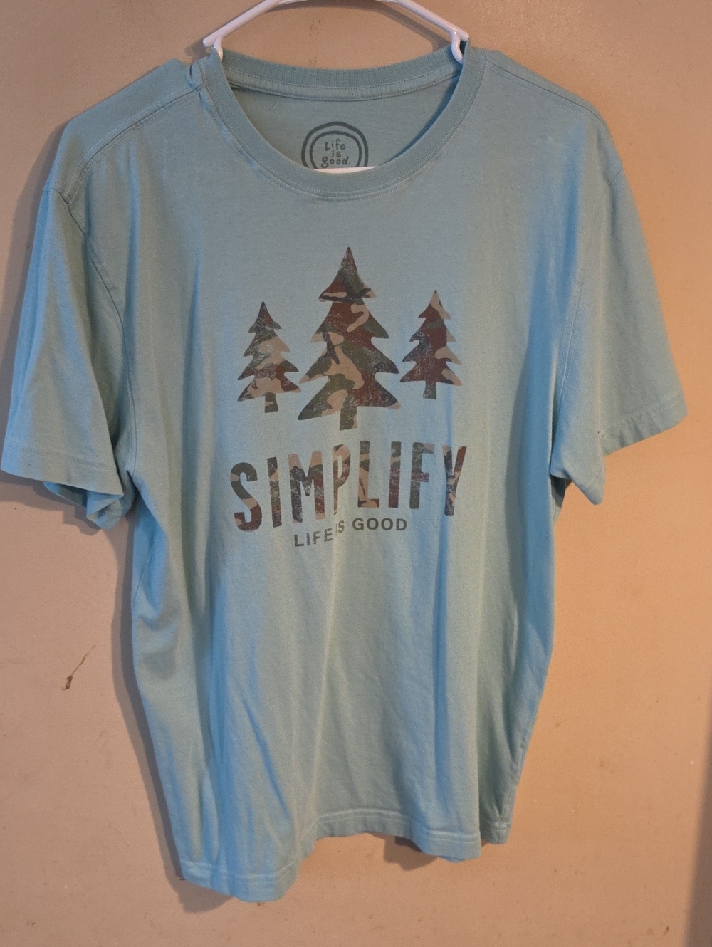 Life Is Good Light Blue "SIMPLIFY" Graphic Tee with Camo Trees